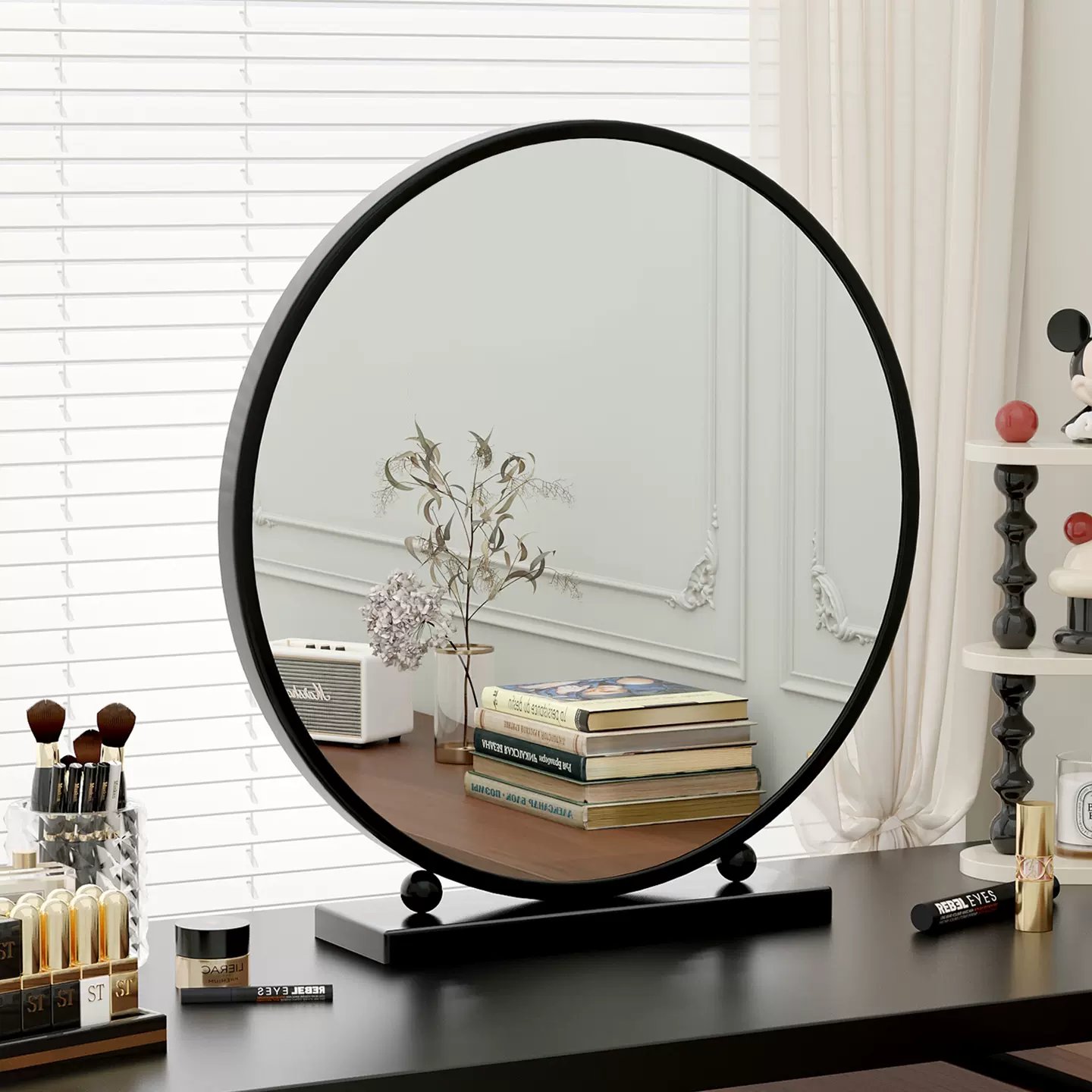 化妆镜台式桌面智能led带灯中古风高级感卧室可旋转梳妆台大镜子