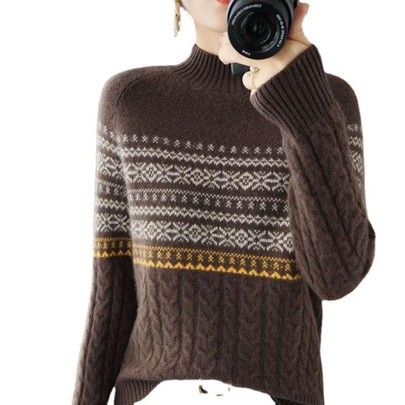 【 Cashmere Family】 Maglione spesso lavorato a maglia da donna, con cappuccio, collo alto e corto, a righe, interno_voghion.com