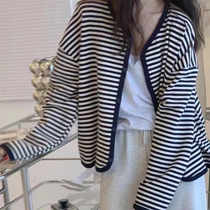 Retro Lazy Style Black and White Striped Knitted Cardigan Women's New Loose Sweater Jacket Top Spring and Autumn