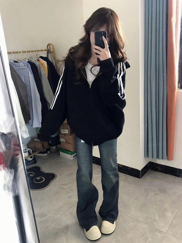 棉美式复古三条杠连帽开衫卫衣女秋冬慵懒风加绒外套|undefined