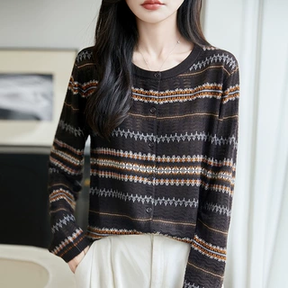 2026秋季新款羊毛针织系扣开衫毛衣女圆领外套费尔岛提花欧美跨境