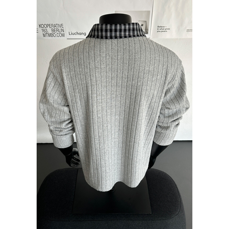 T-shirt a maniche lunghe da uomo con colletto risvoltato a quadri in stile coreano, look giovanile e pulito per la primavera, stile americano_voghion.com