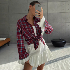 美式时尚格子衬衫女红蓝撞色翻领跨境休闲宽松衬衣格纹防晒外套