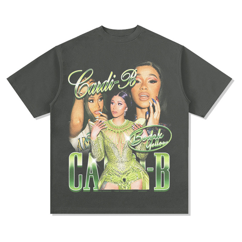 Tarjeta hermana Cardi B Europa y América hip-hop rap americano street hip-hop marca de moda estampado retro desgastado lavado manga corta