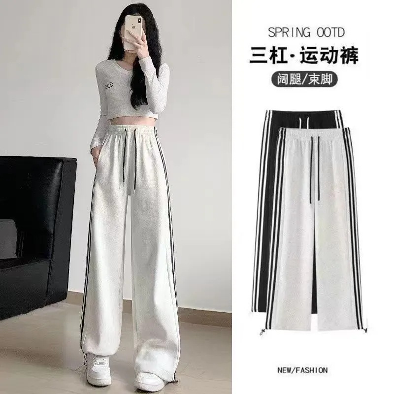 休闲束脚运动裤女夏季宽松百搭显瘦薄款学生三条杠直筒裤子ins潮