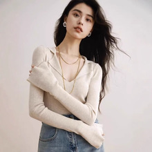 法式V领长袖打底衫女春秋修身洋气内搭毛衣翻领针织衫喇叭袖上衣