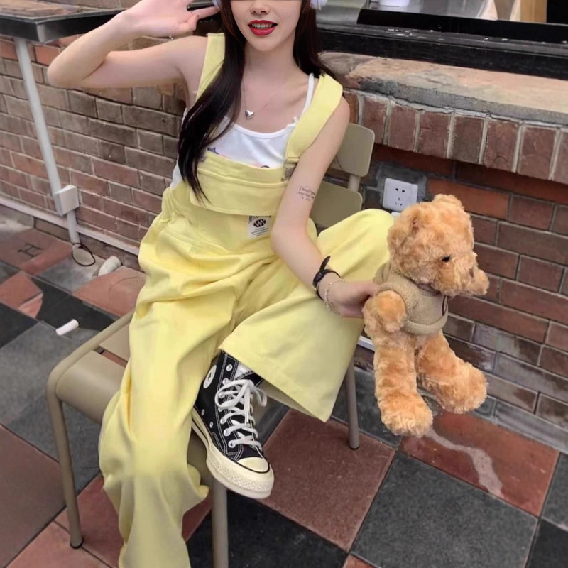Yellow Denim Overalls for Women, Summer Thin Style 2025 New Petite Loose American Slimming Straight Jumpsuit