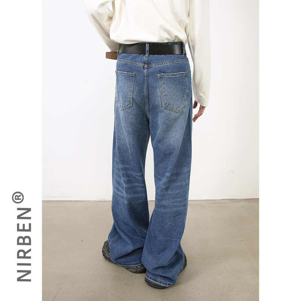 Quần jean nam ống rộng cạp vừa phong cách Hàn, denim cotton pha, form suông thoải mái — Màu đen, Xanh lam cổ điển, Xanh lam nhạt, Xanh lam đậm