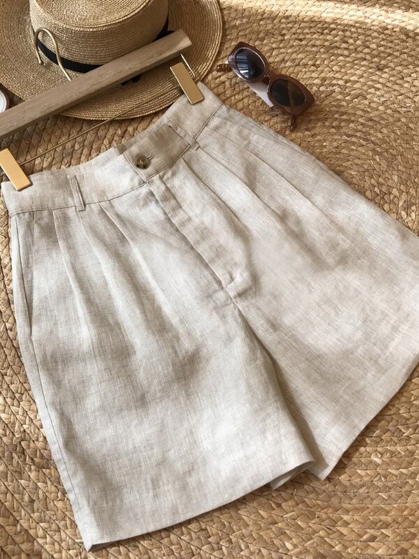 Linen Suit Shorts New High-Waisted Button Wide-Leg Pants Women's Summer Loose Versatile Cotton and Linen Thin Pants