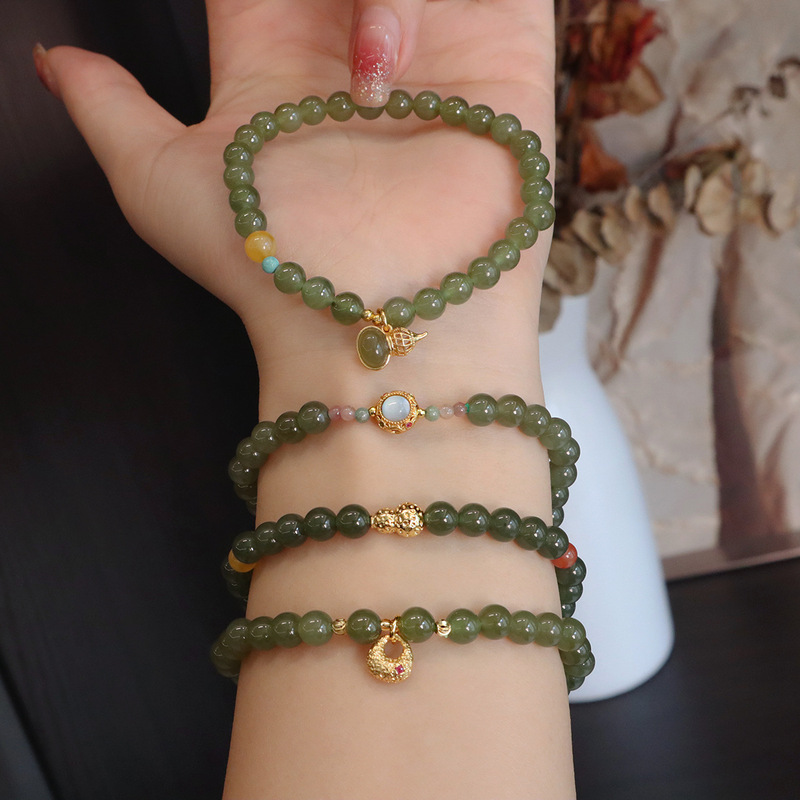 Popular Natural 6mm Hetian Jade Bracelet for Women, Beeswax Tourmaline Jade Jewelry Bracelet, Gift for Best Friend Wholesale