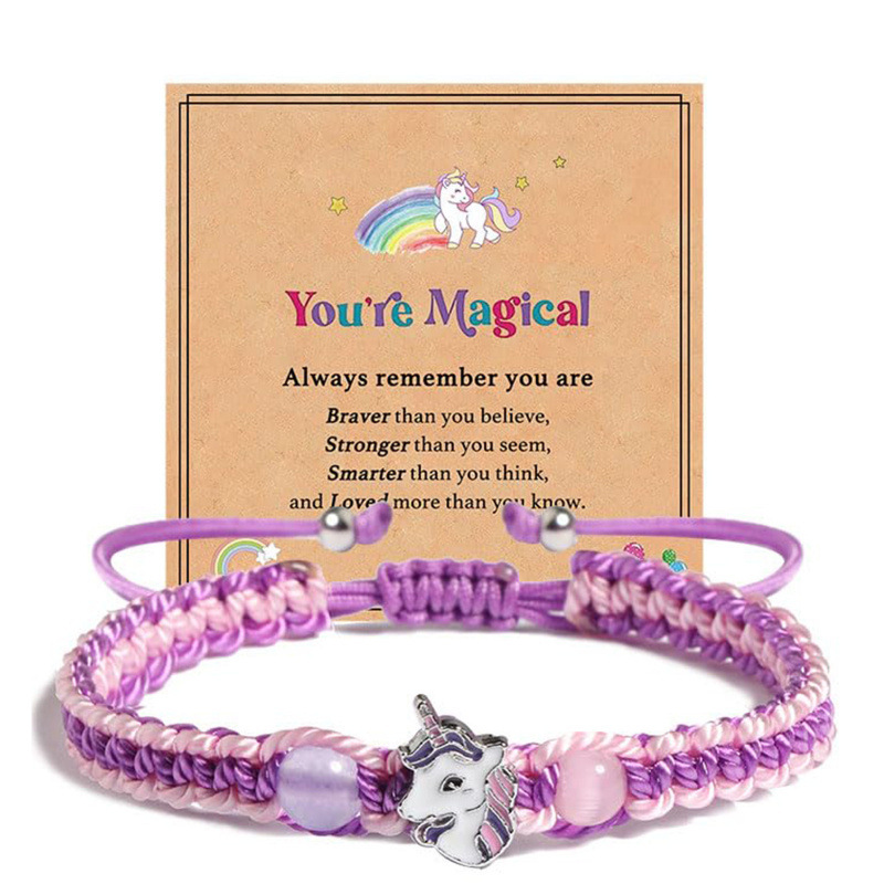 Back-To-School Season Gift: Rope-Woven Pullable Bracelet with Cat's Eye Stone, Pink Braided Rope, Unicorn Design, Women's Gift Bracelet