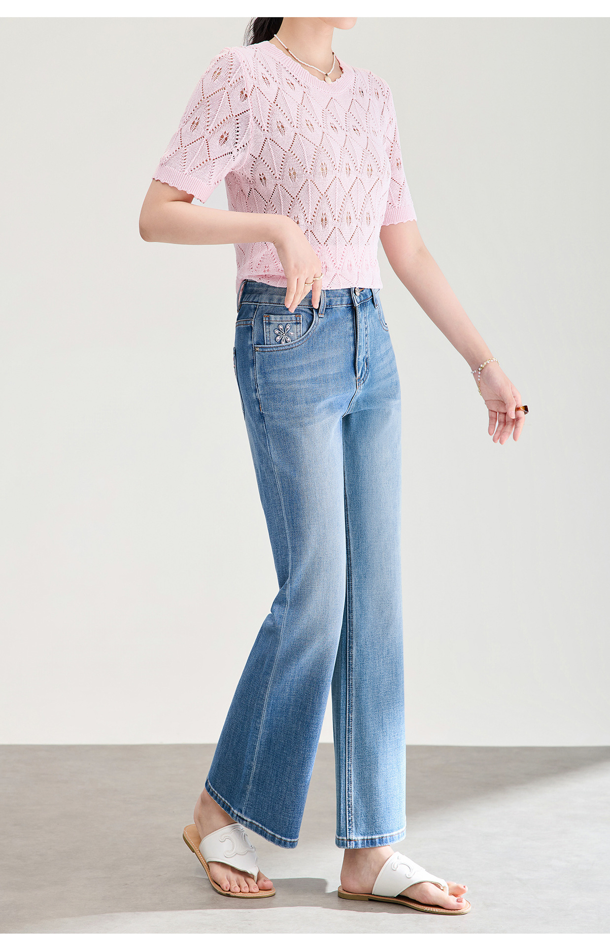 Quần jean nữ ống loe vải cotton wash lạnh co giãn 4 chiều phiên bản mỏng mùa hè — xanh lam chi tiết 24