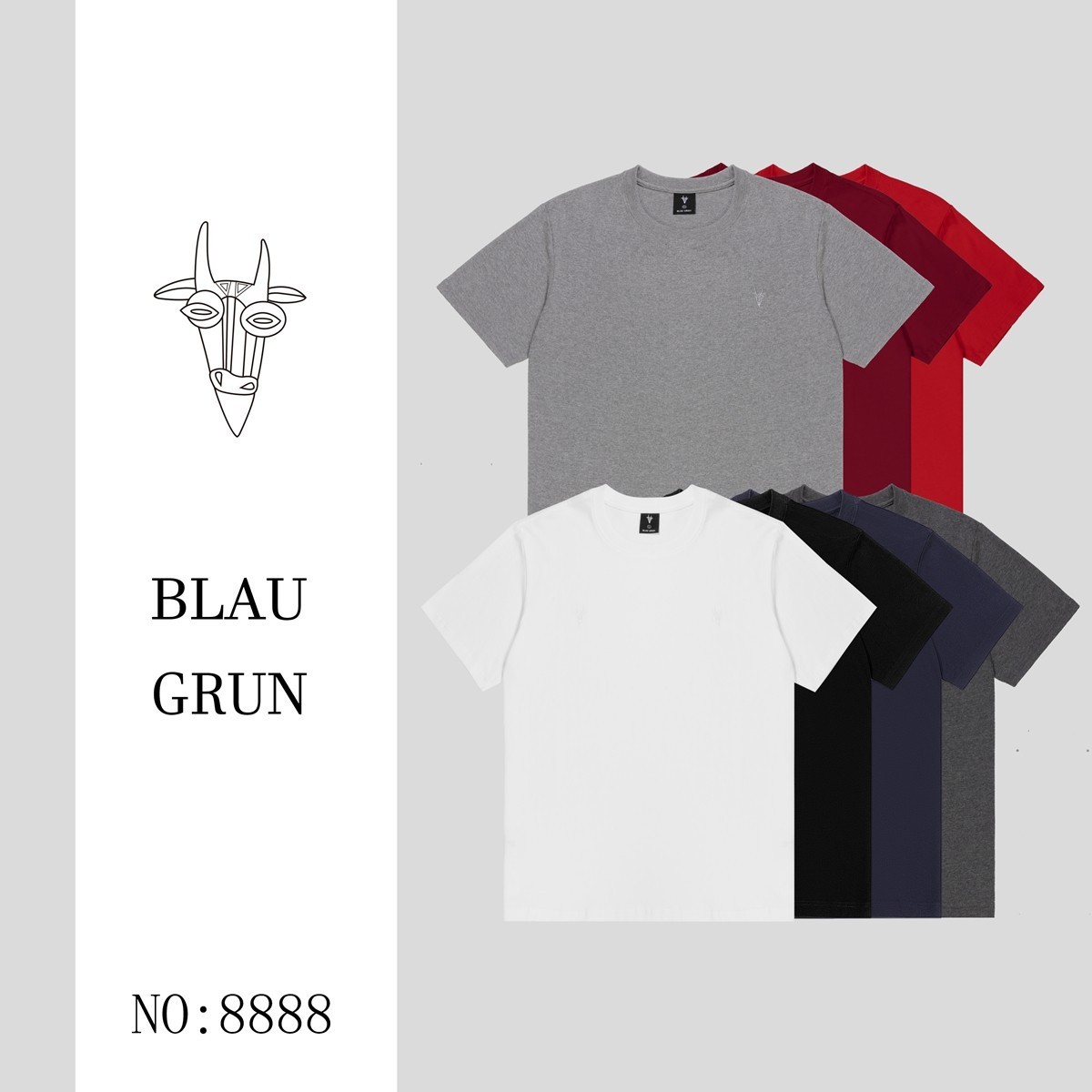BLAU GRUN Summer New Pure Cotton Solid Color Short-sleeved T-shirt Fashionable All-match Sheep Head Men's T Embroidered Logo Trendy