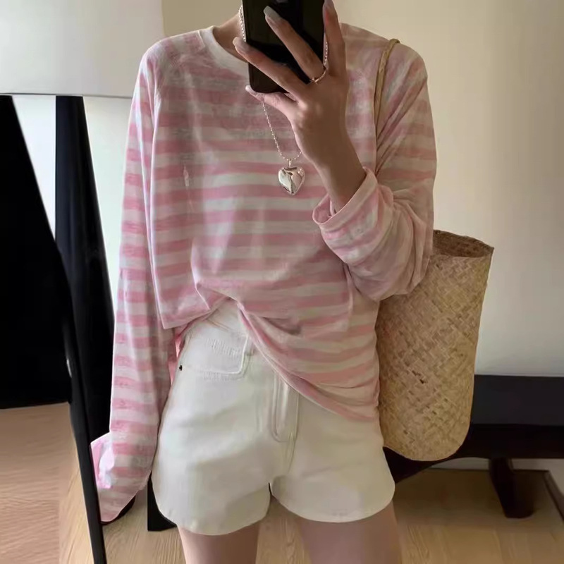 Thin Stripesd Long-Sleeved T-Shirt for Women 2025 Summer New Korean Style Round Neck Raglan Sleeves Loose Sun Protection Air-Conditioning Shirt Top