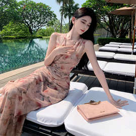 莫奈花园 油画与玫瑰缠绕连衣裙高腰领春夏季女长裙图片色修身型