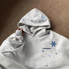 美式高街刺绣雪花星星连帽卫衣男秋冬设计感宽松休闲百搭情侣上衣