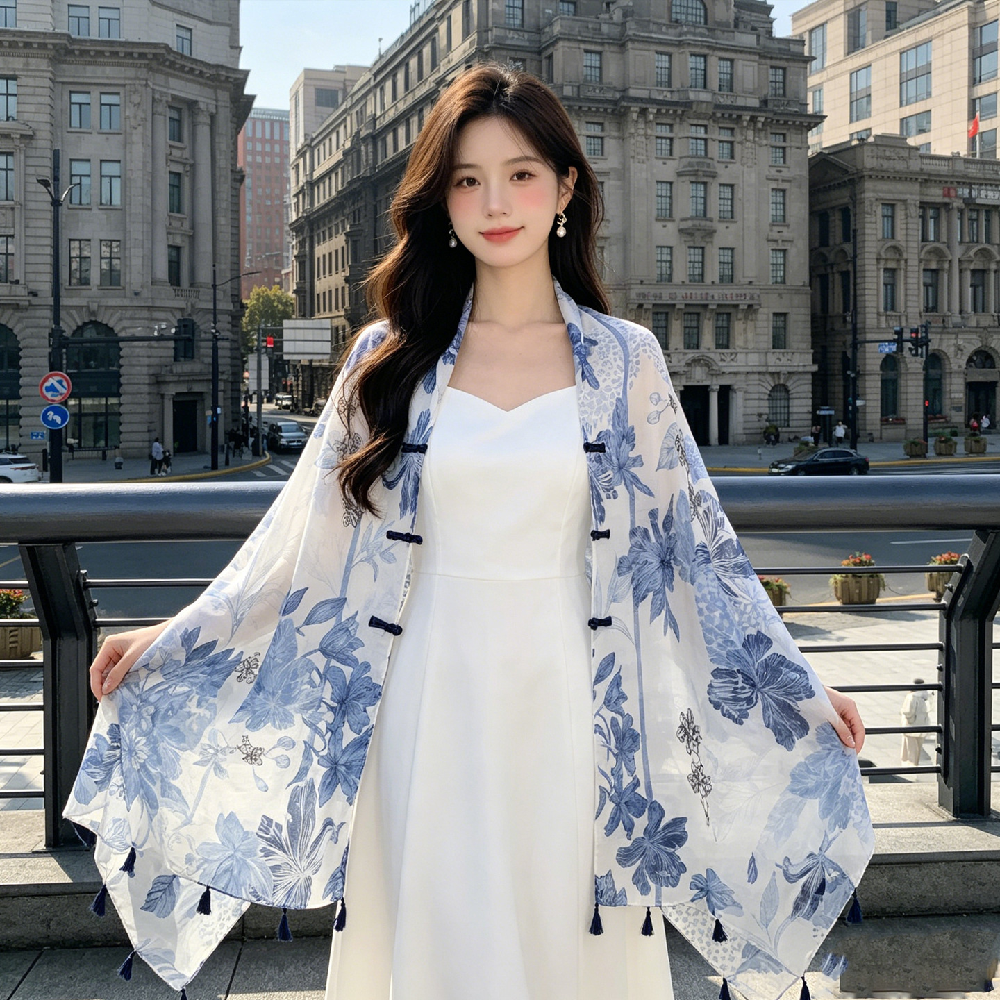 Fresh blue [multiple ways to wear] plate-button shawl, length 180cm_width 90cm