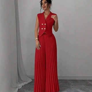 2025欧美跨境新款时尚气质马甲背心百褶裙裤套装女装