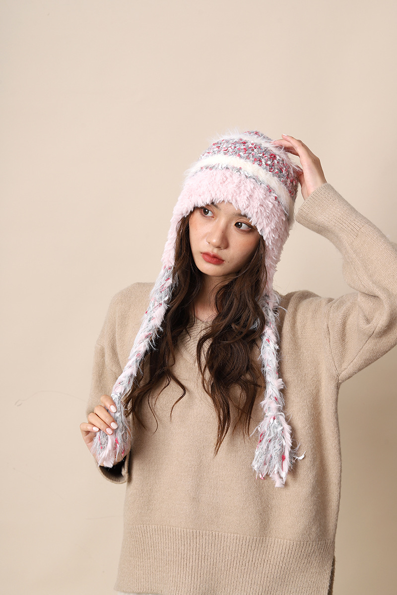 Cappello di lana lavorato a maglia con lacci colorati per donna autunno inverno nuovo caldo protezione per le orecchie e fascia per la testa a strisce colorate_voghion.com