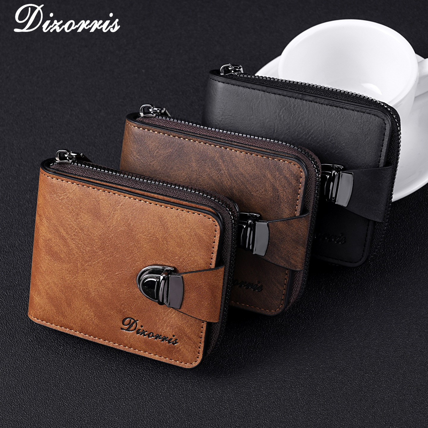 Cross-Border Men's Wallet, Short Zipper Bag, Large Capacity, Multiple Card Slots, Small Clutch Bag, Business Retro Coin Purse