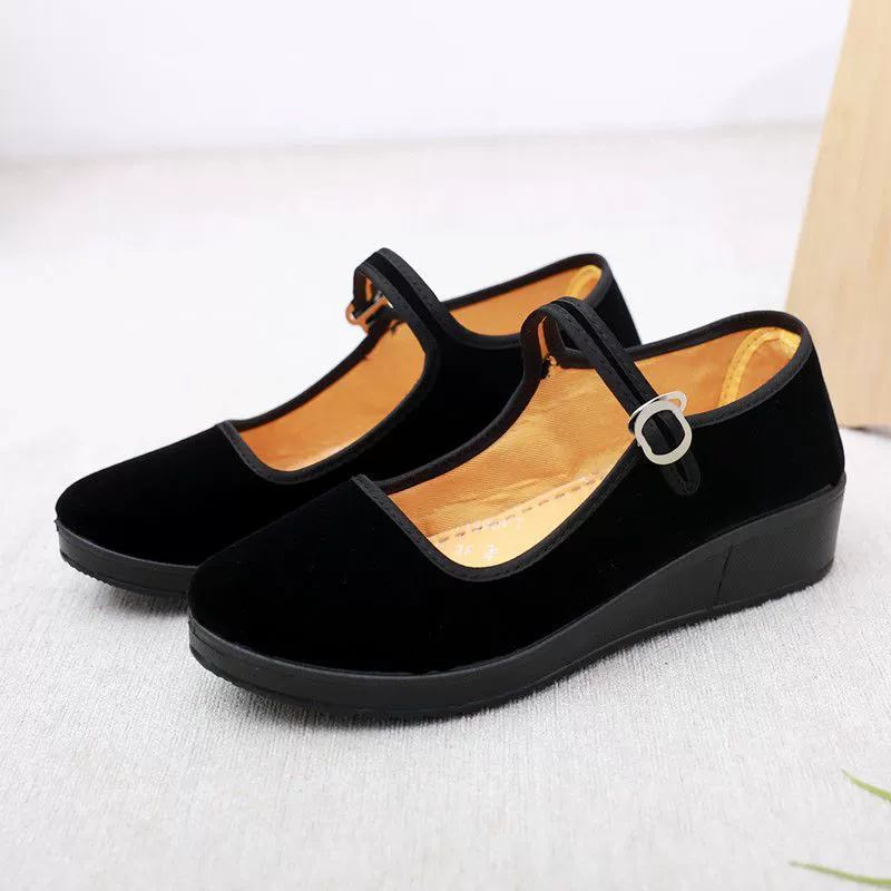 Классическая Тканевая обувь Old Beijing 4 см, Женская рабочая обувь для отеля, черная Тканевая обувь, рабочая однотонная обувь на толстой подошве