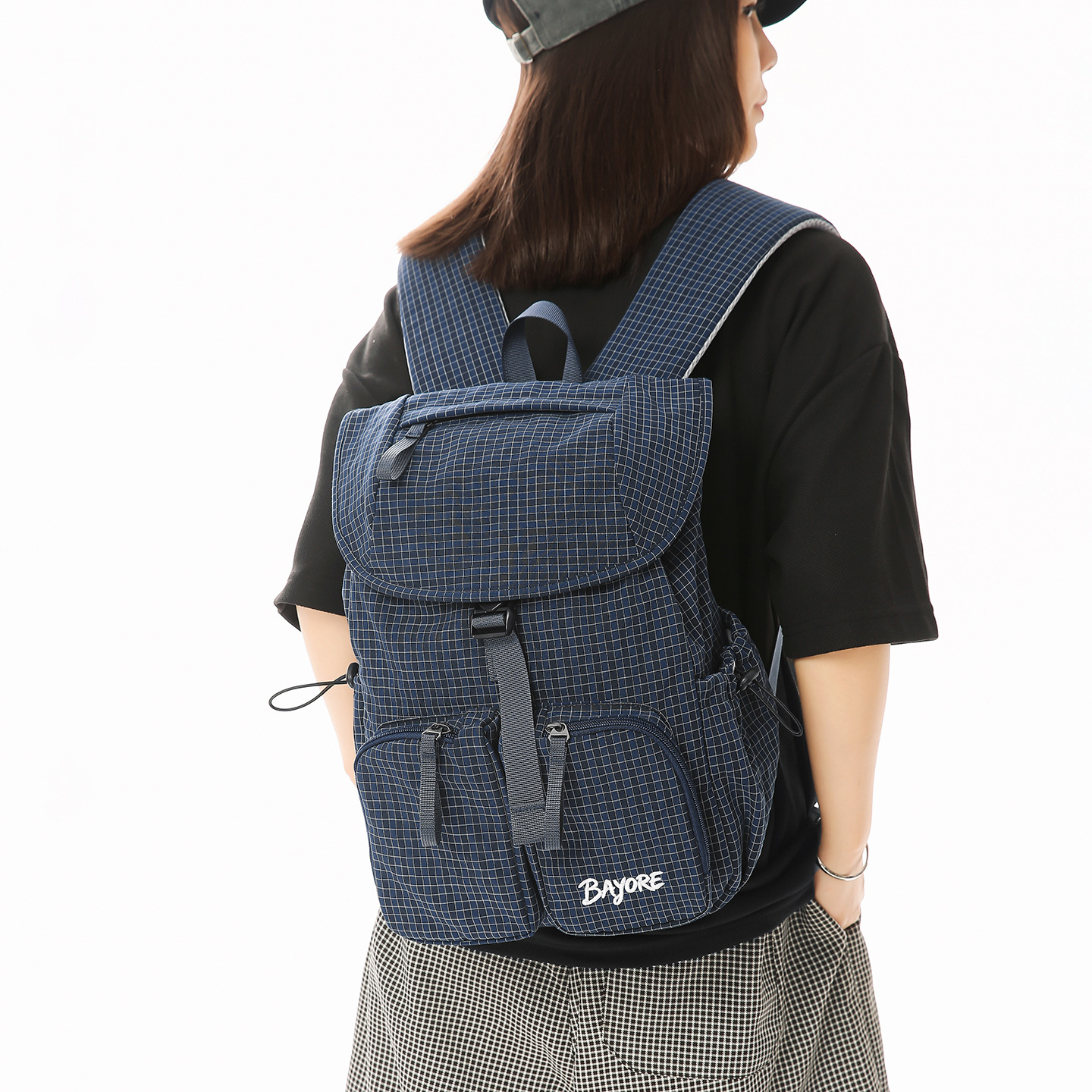 Plaid double-shoulder backpack for female students, large-capacity multi-pocket casual backpack, black versatile trendy casual bag