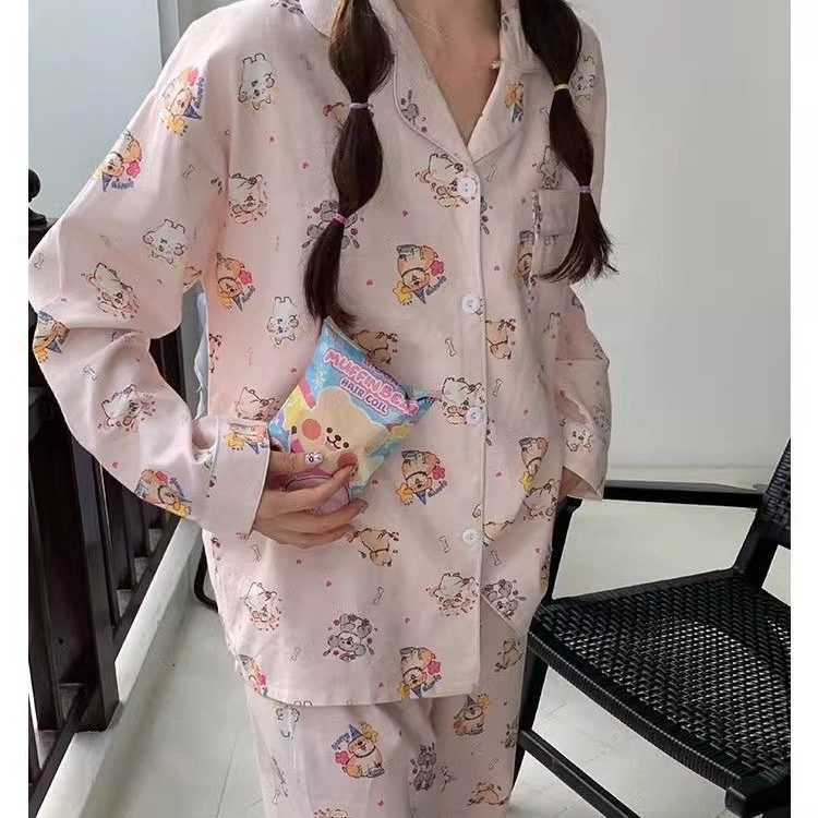 春秋新款卡通可爱粉色小狗睡衣女ins甜美长袖长裤外穿休闲居家服|undefined