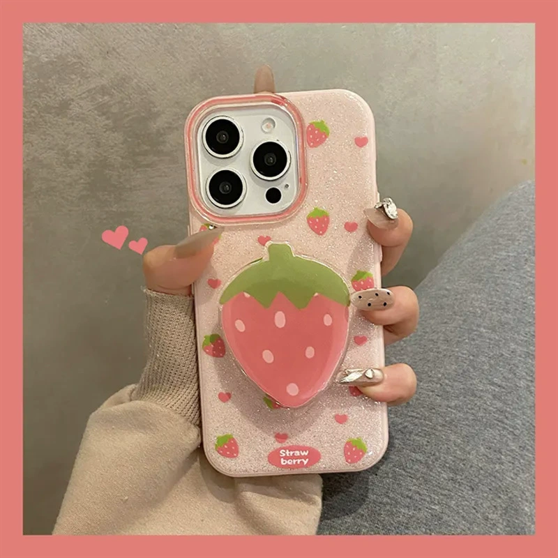 Чехол для телефона (Apple iPhone 16 Pro / 15 Pro совместим) — двухслойный фуксия «клубника», блёстки
