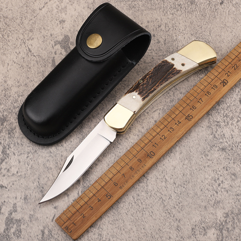 新款440C钢一体化黄铜片和鹿角手柄户外露营水果钓鱼口袋生存EDC