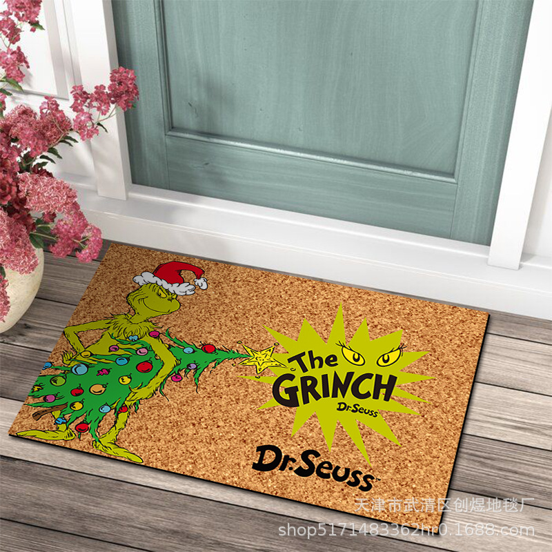En stock Grinch alfombra del piso transfronterizo alfombra de Navidad alfombra de puerta de vacaciones verde payaso alfombra del piso