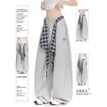 嘻哈街舞格子屁帘叠穿弯刀卫裤女宽松美式慵懒风阔腿运动休闲裤子