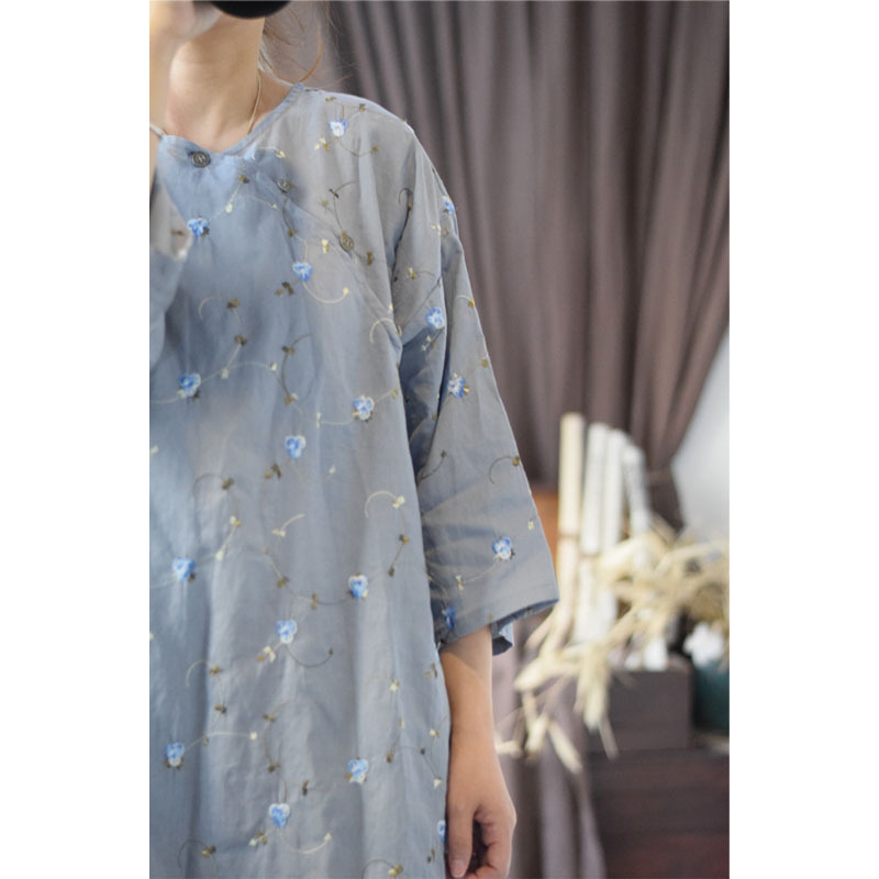 Light Chinese Retro National Style Ramie Blue Butterfly Flower Embroidery Partial Placket Stud Button Pullover Improved Cheongsam Dress 2435