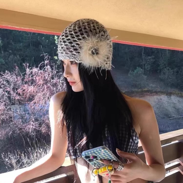 批发韩系超仙钩织包头帽女复古高级感羽毛花朵镂空套头帽显脸小|undefined