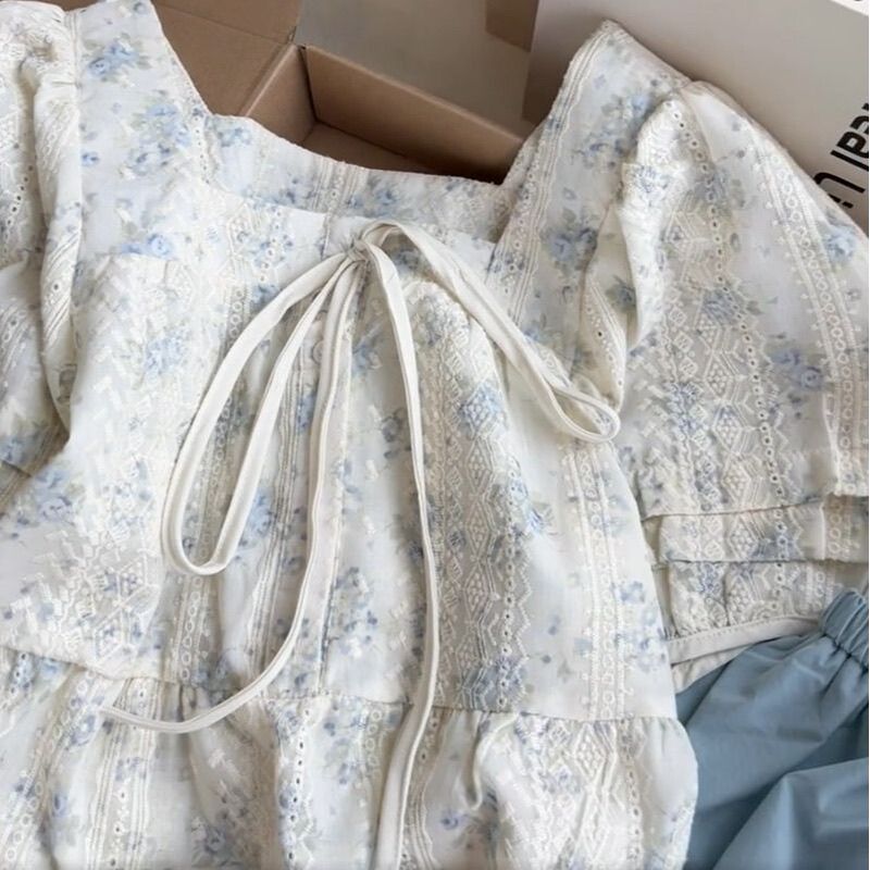 Temperament Square Collar Lace-Up Bubble Floral Shirt Short-Sleeved New French Summer Fresh and Sweet Top