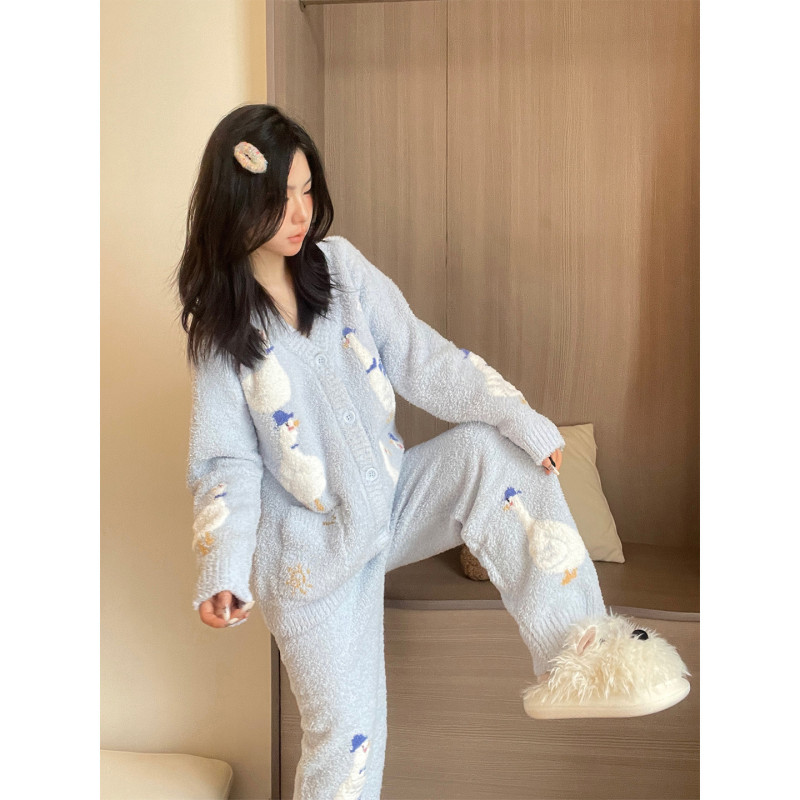 【现货】卡通唐老鸭针织半边绒睡衣女秋冬季加厚保暖家居服套装冬|undefined