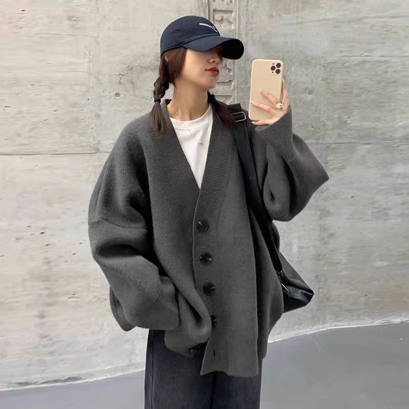 黑色羊毛外套女大码2025加厚外穿复古中长款慵懒宽松v领开衫毛衣|undefined