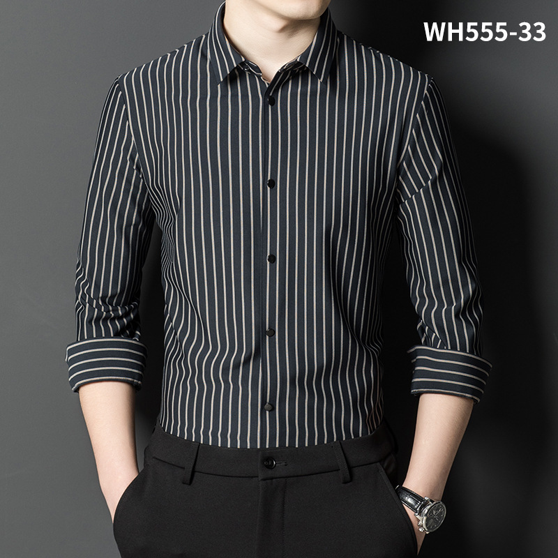 New seamless shirt men's long-sleeved fashionable comfortable square collar slim fit non-ironing shirt light striped shirt men