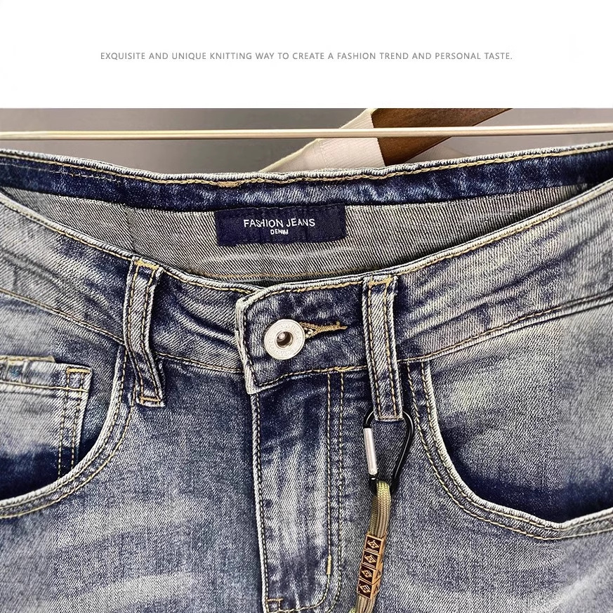 Slim Fit Printed Cropped Jeans For Men Distressed Patched High End Design Blue Low Waist With Slight Stretch From European Brand_voghion.com