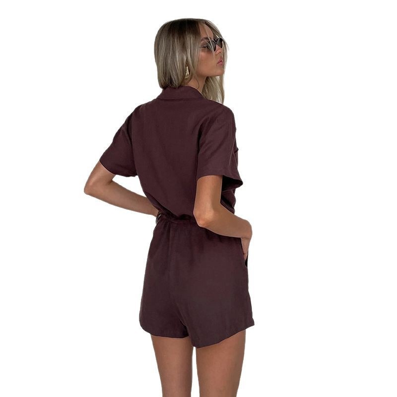 YJ25039 camisa de cuello de cintura de color sólido, pantalones cortos de manga corta, mujeres 2025 Europa y América nueva camisa casual transfronteriza