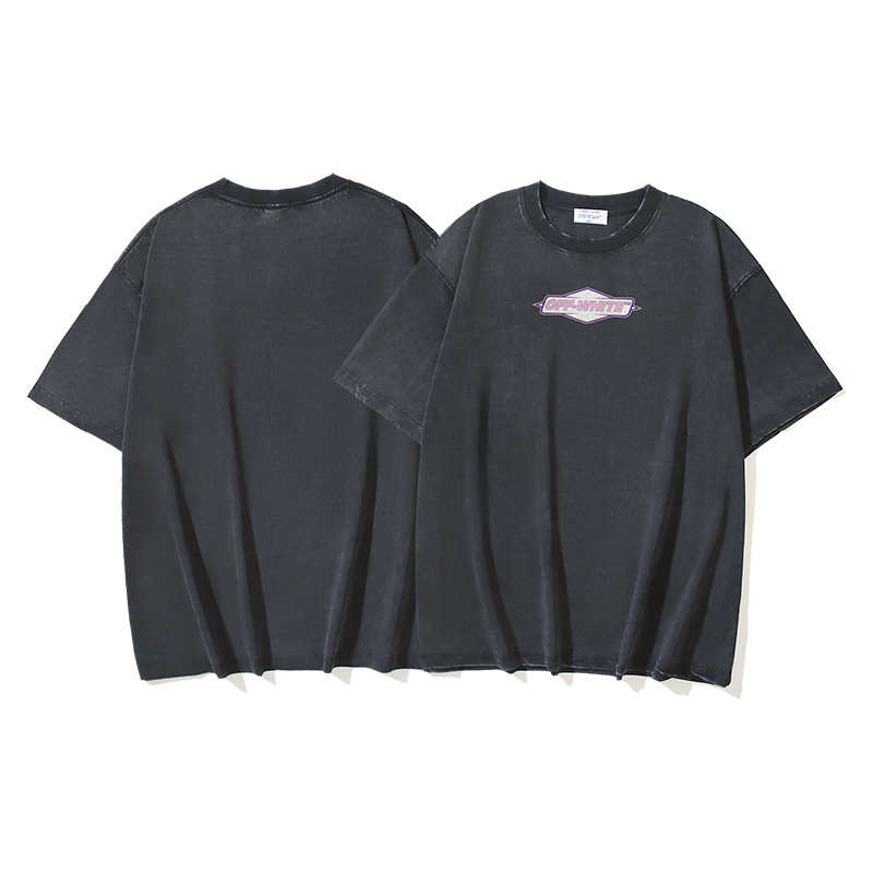 Verano nuevo OFF-WHITE lavado y desgastado doble hilo pesado ángel rojo anciano religioso estampado camiseta de manga corta hombre