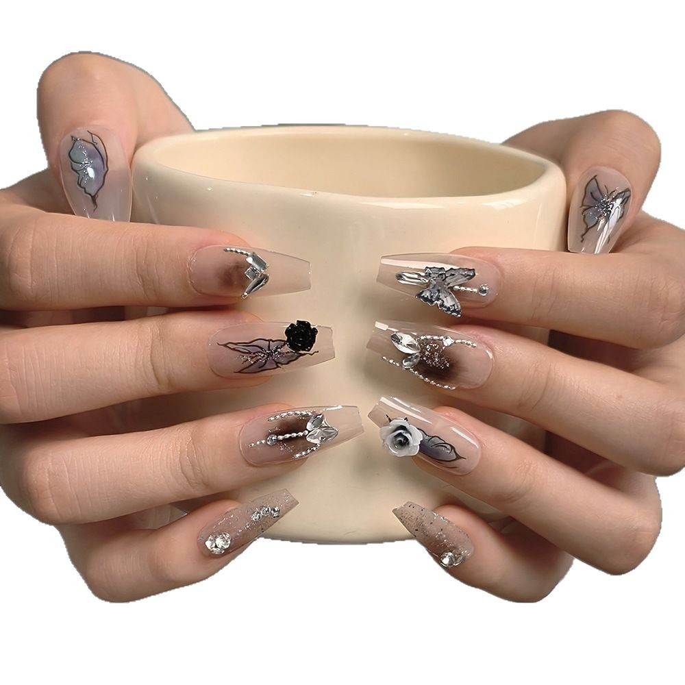 Nuevo uso de uñas, uñas prefabricadas, uñas postizas hechas a mano, parches largos de uñas oscuras desmontables, uñas terminadas