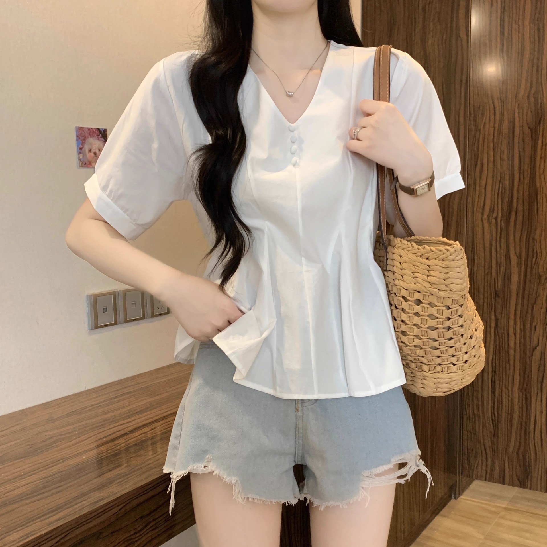 Áo sơ mi nữ cỡ lớn tay ngắn màu xanh lam dáng suông che khuyết điểm — Màu xanh lam chi tiết 12