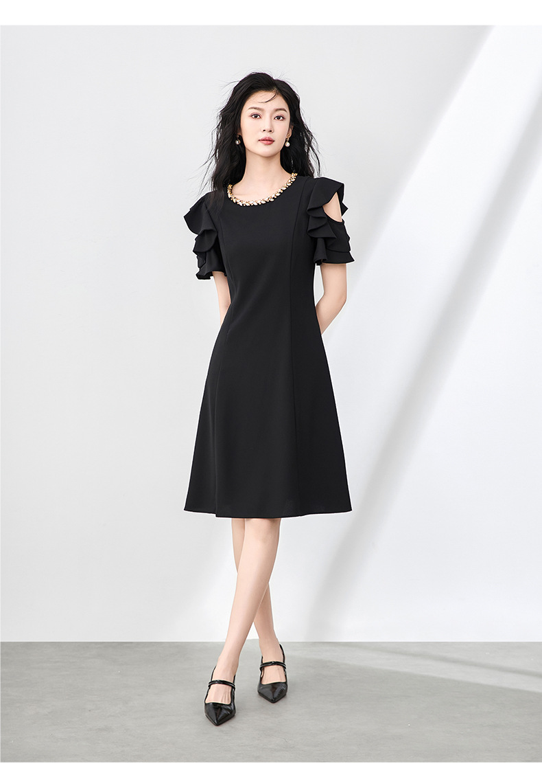 Váy liền thắt eo cổ tròn đính kim cương phong cách Pháp sang trọng cho nữ — Màu đen chi tiết 16