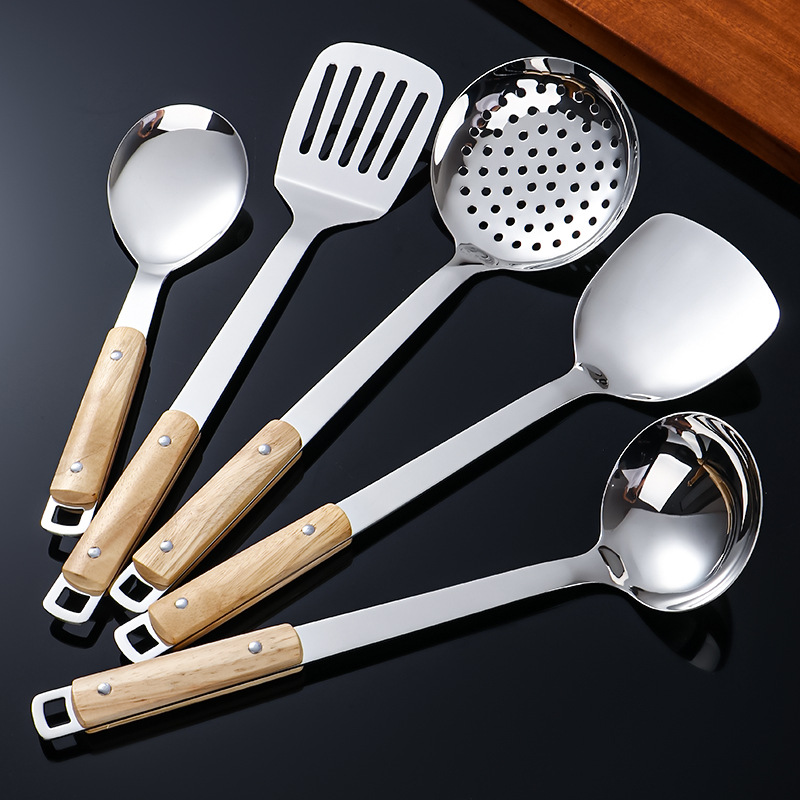 Utensilios de cocina de grano de madera de imitación creativa de acero inoxidable, cuchara de cocina, pala de cocina, pala de cocina, espátula doméstica, colador de avena, restaurante