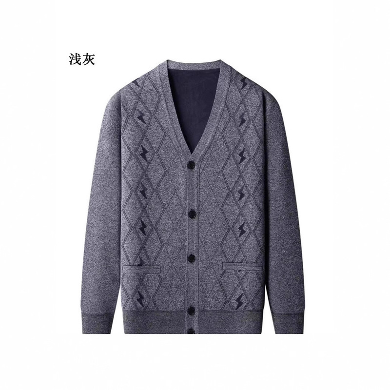Middle-Aged and Elderly Dad's Velvet Thickeneded Warm Knitted Jacket Men's Winter Knitwear V Neck Grandpa Knitwear Cardigan