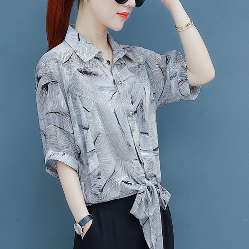 Floral chiffon blouse women's 2025 spring and summer short-sleeve shirt loose stylish mini shirt covers belly slimming shirt