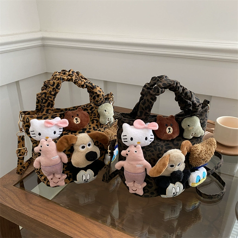 Супер огонь ниша леопардовый холст сумка женская осень-зима поп дикая сумка через плечо милый мультфильм ручная сумка ведро сумка