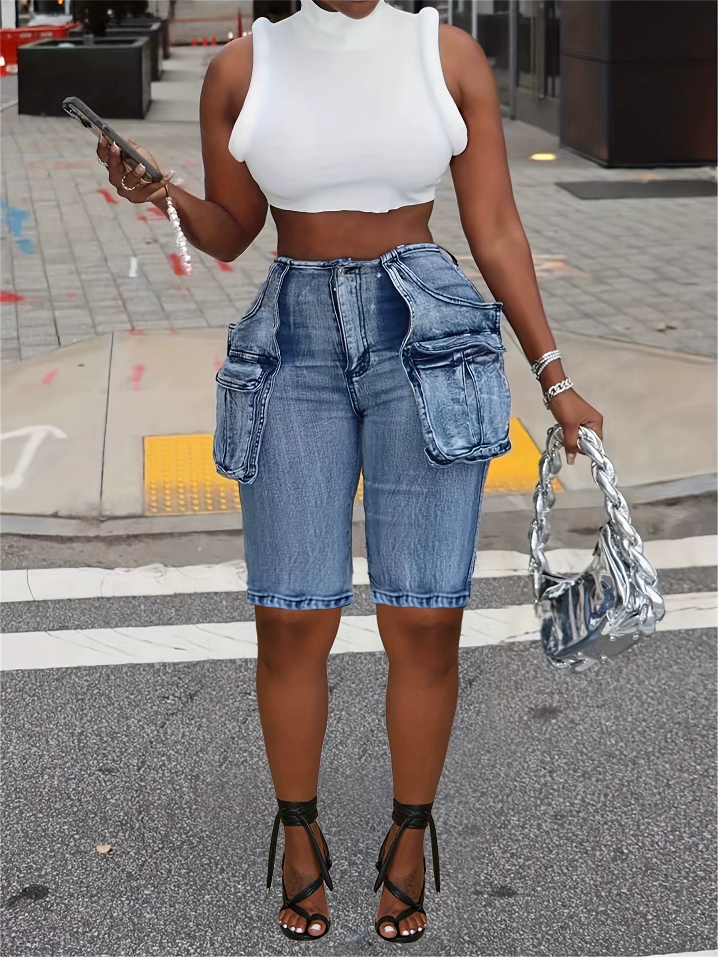 [Y2K Женские джинсовые шорты с высокой талией distressed Bermuda shorts ]