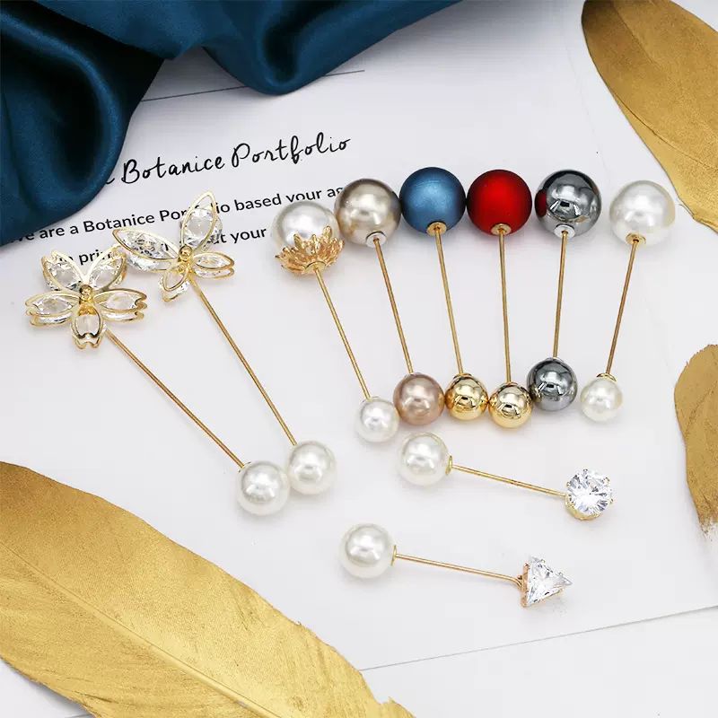 珍珠一字插针西装别针防走光配饰时尚饰品开衫毛衣合金水钻胸针