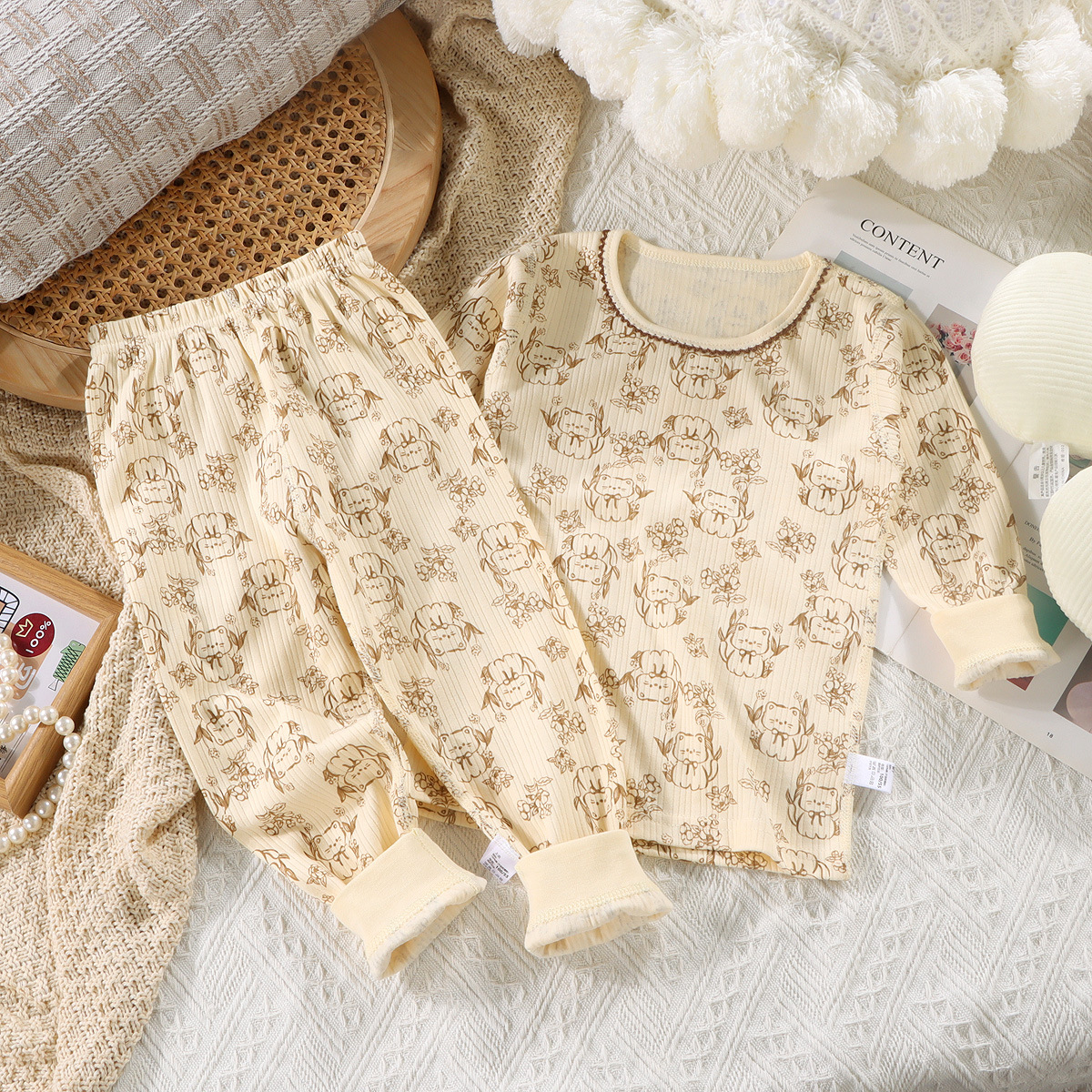 Ropa de otoño de algodón para niños, pantalones largos, pijamas de algodón con tiras verticales deshuesadas para bebés, ropa a domicilio para niños grandes, traje de dibujos animados para niñas